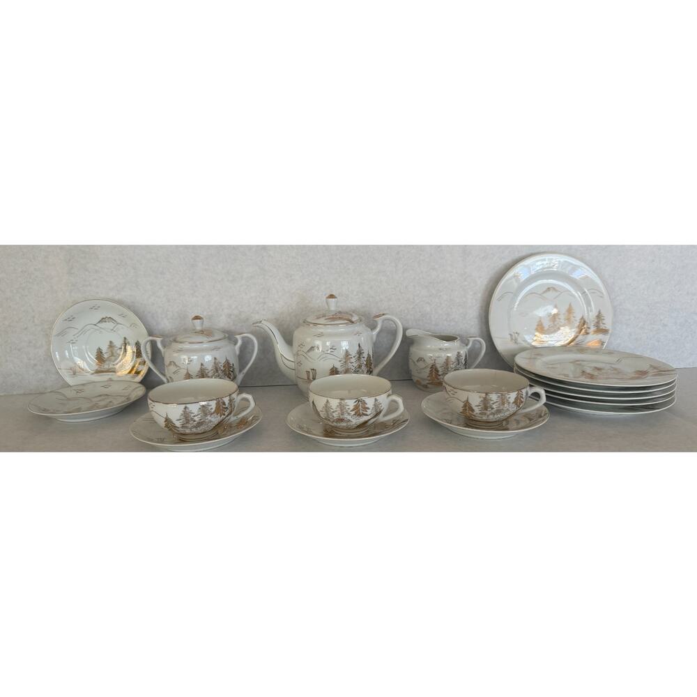 Kutani Lithophane Tea Set, Gold and White